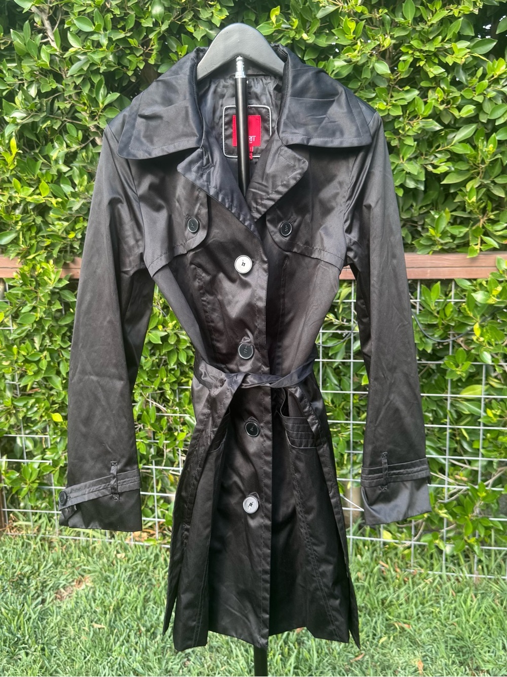 Vtg 90s/Y2K Esprit Belted Trench Coat Women’s Medium Shiny Black